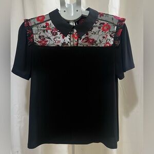 CeCe Black Blouse with Red Floral Lace